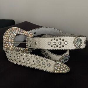 Large bling white snake skin belt